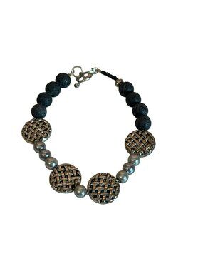 Lava Bead & Metal Woven Disc Bracelet Toggle Clasp 7.5 Inches Boho Jewelry